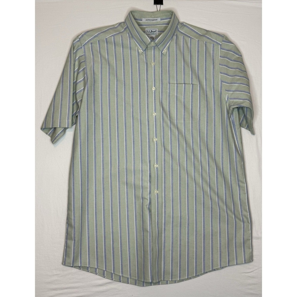 L.L.Bean Men's 16.5 Tall Green Blue White Striped Wrinkle Resistant Button-Down